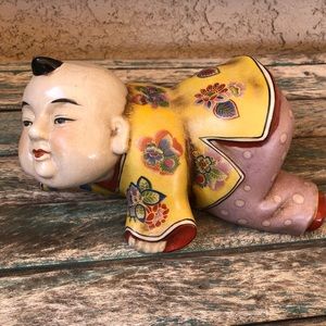 Vintage MCM Chinese Hand Painted Crawling Piano Baby Boy Porcelain Figurine